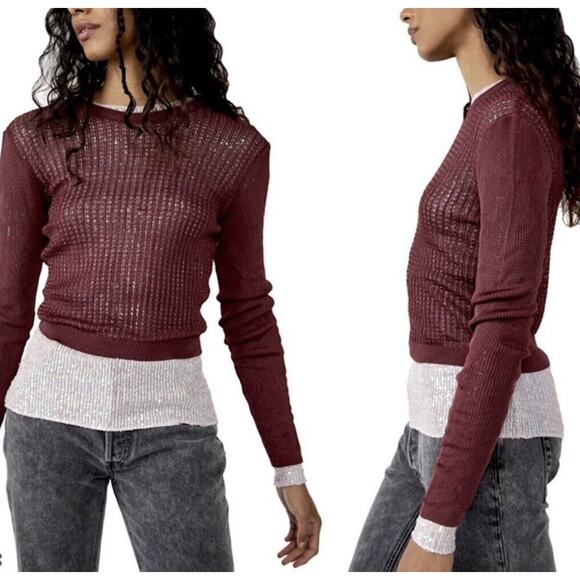 Free People Sweaters - Free People H20 Crew Pullover Top Raw Garnet Sz M Ribbed Mesh Cropped Stretch